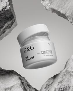 G&G jar mockup against a rocky background