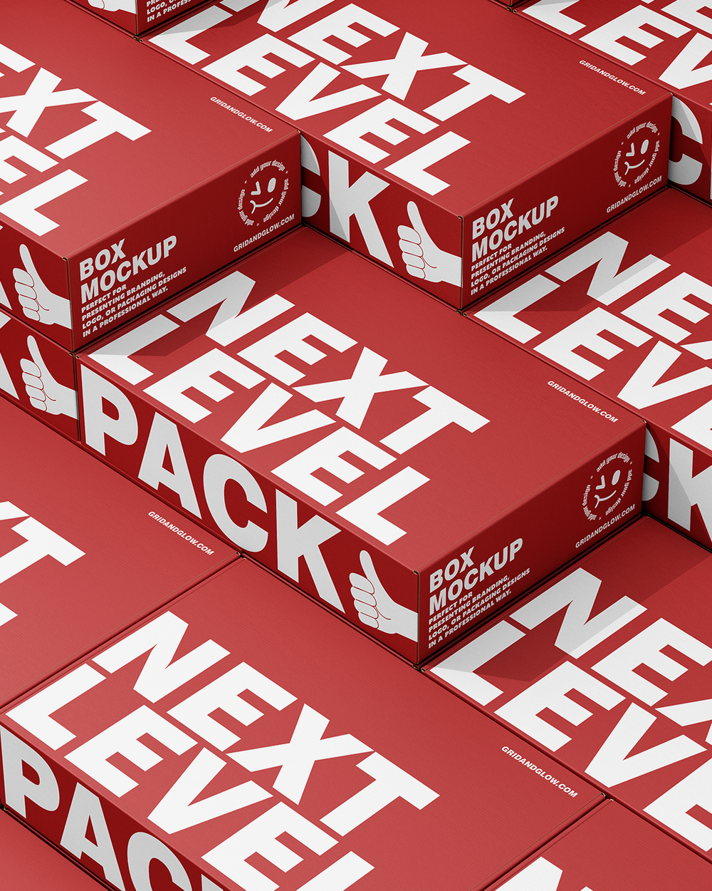 Boxes Mockup. Red boxes with 'Next Level' text and branding on a matching red background