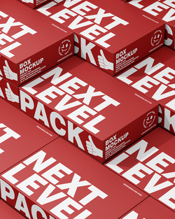 Boxes Mockup. Red boxes with 'Next Level' text and branding on a matching red background