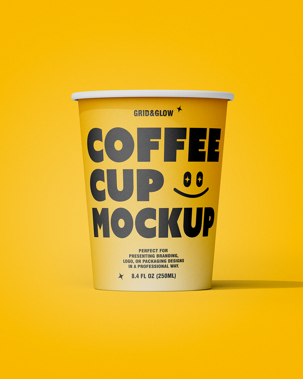 Yellow coffee cup mockup with black text on a yellow background