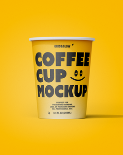 Yellow coffee cup mockup with black text on a yellow background