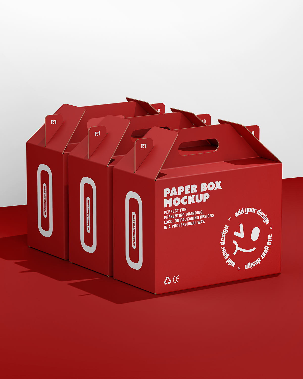 Box with Handle Mockup Triple Scene on a red and gray background