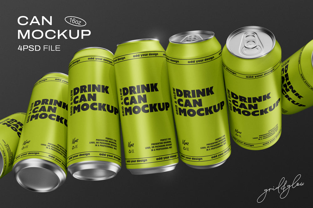 Set of 16oz drink can mockups in bright green color on dark background, showcasing different angles and perspectives.