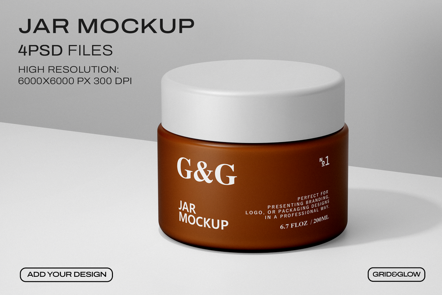 Cosmetic jar mockup 200ml in amber with white lid on gray background