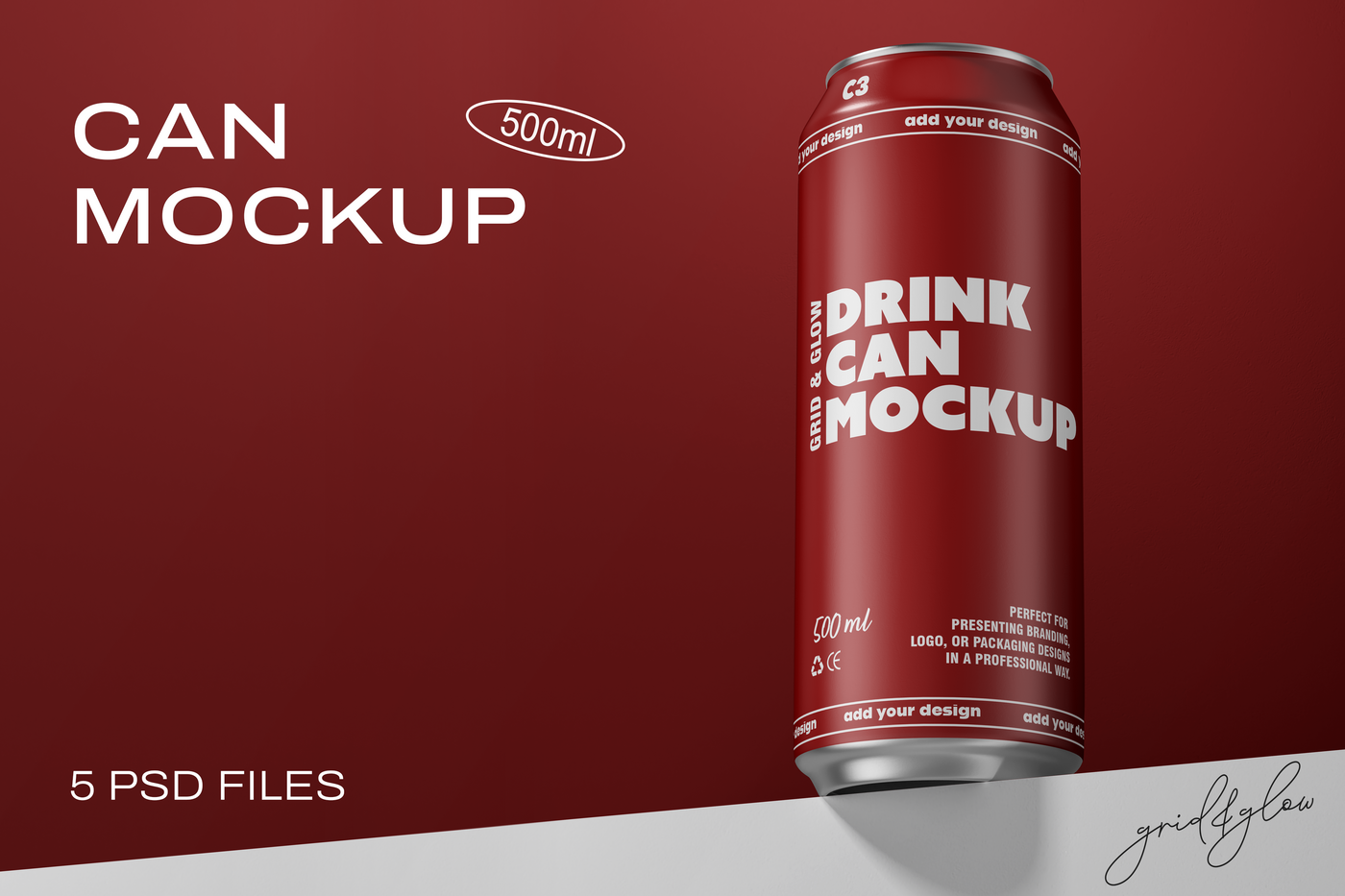 Drink Can Mockup – 500ml Can on Red Background with Bold Typography