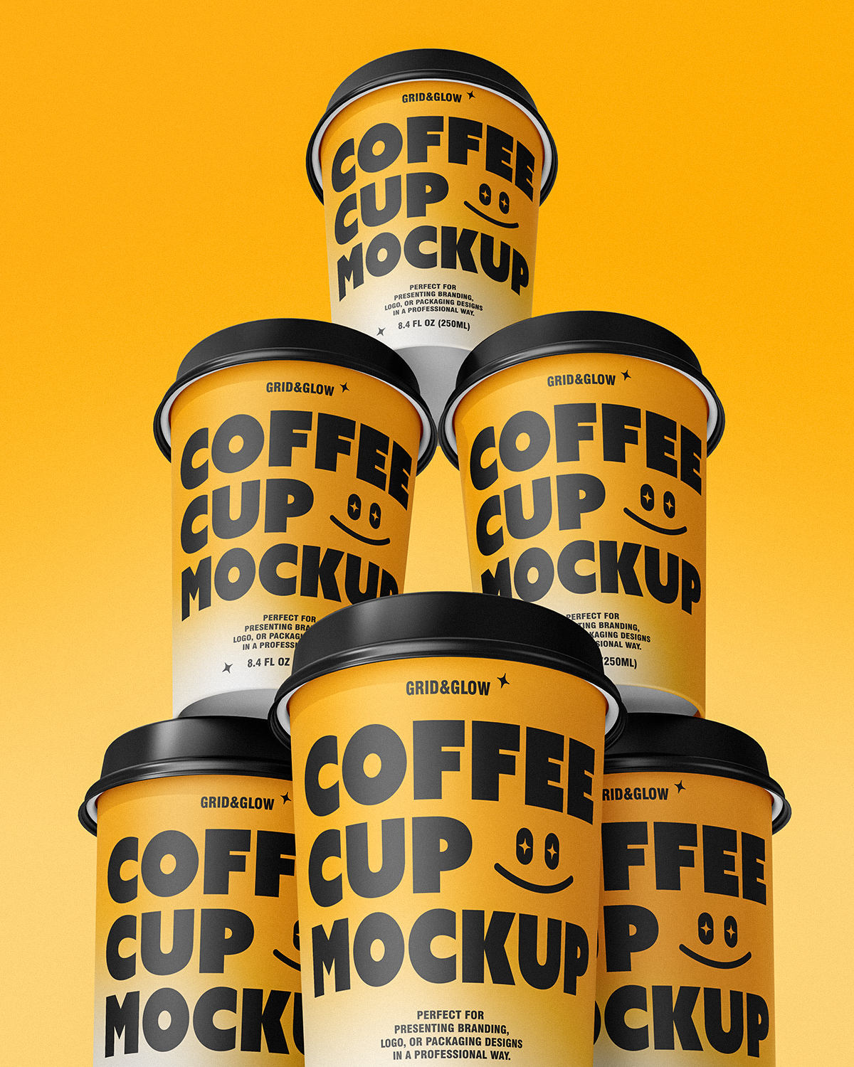 Coffee cup mockup stacked in pyramid formation showing multiple angles of customizable design