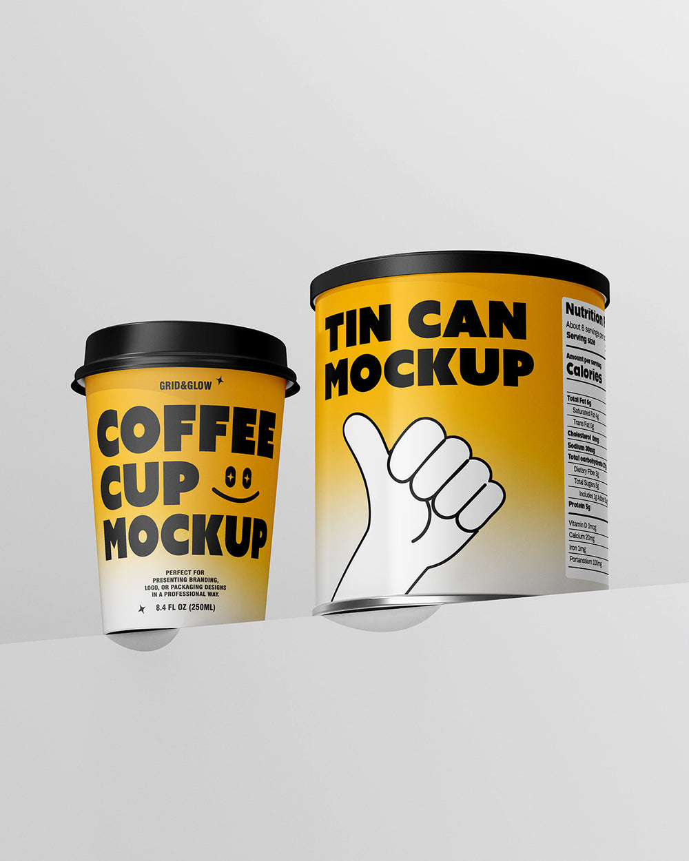 Coffee Cup & Tin Can Mockup showing dual packaging design with customizable labels