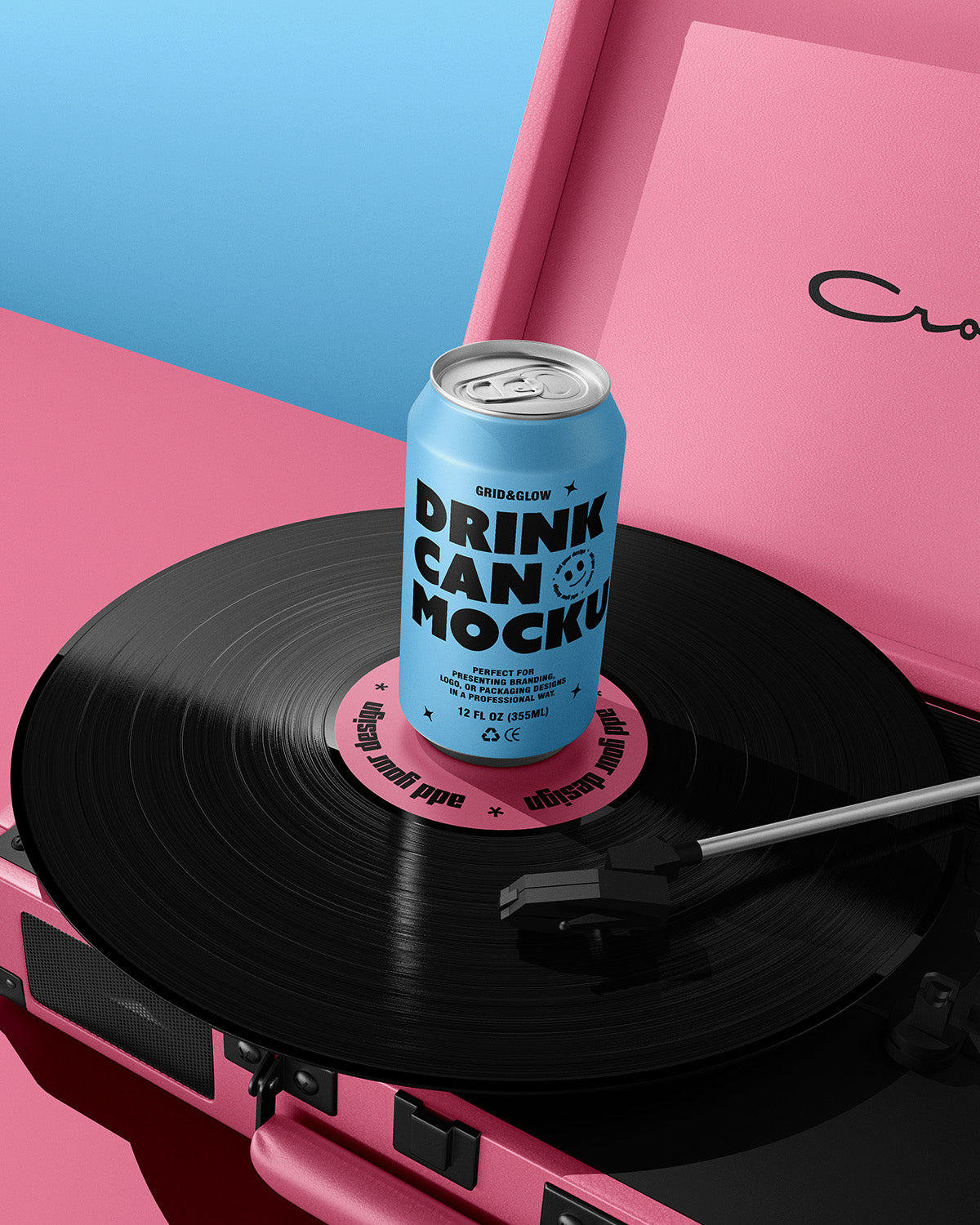 Blue drink can mockup on a pink record player with a blue background