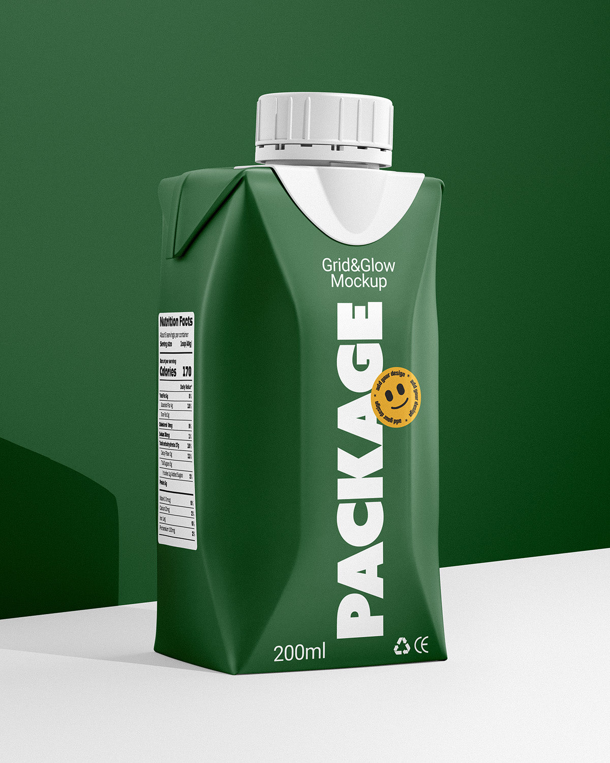 Tetra pack mockup 200ml in green with white cap and half side view showing nutrition panel