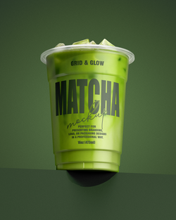 Green matcha drink cup with 'Grid & Glow' branding on a green background