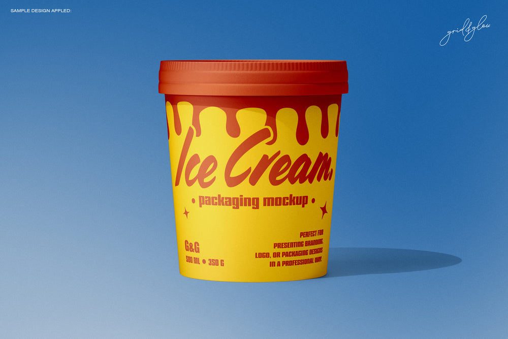 Single 12oz ice cream cup standing upright with front-facing label and branding against a blue gradient background.