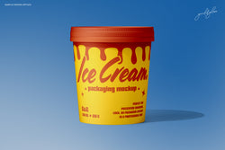 Single 12oz ice cream cup standing upright with front-facing label and branding against a blue gradient background.