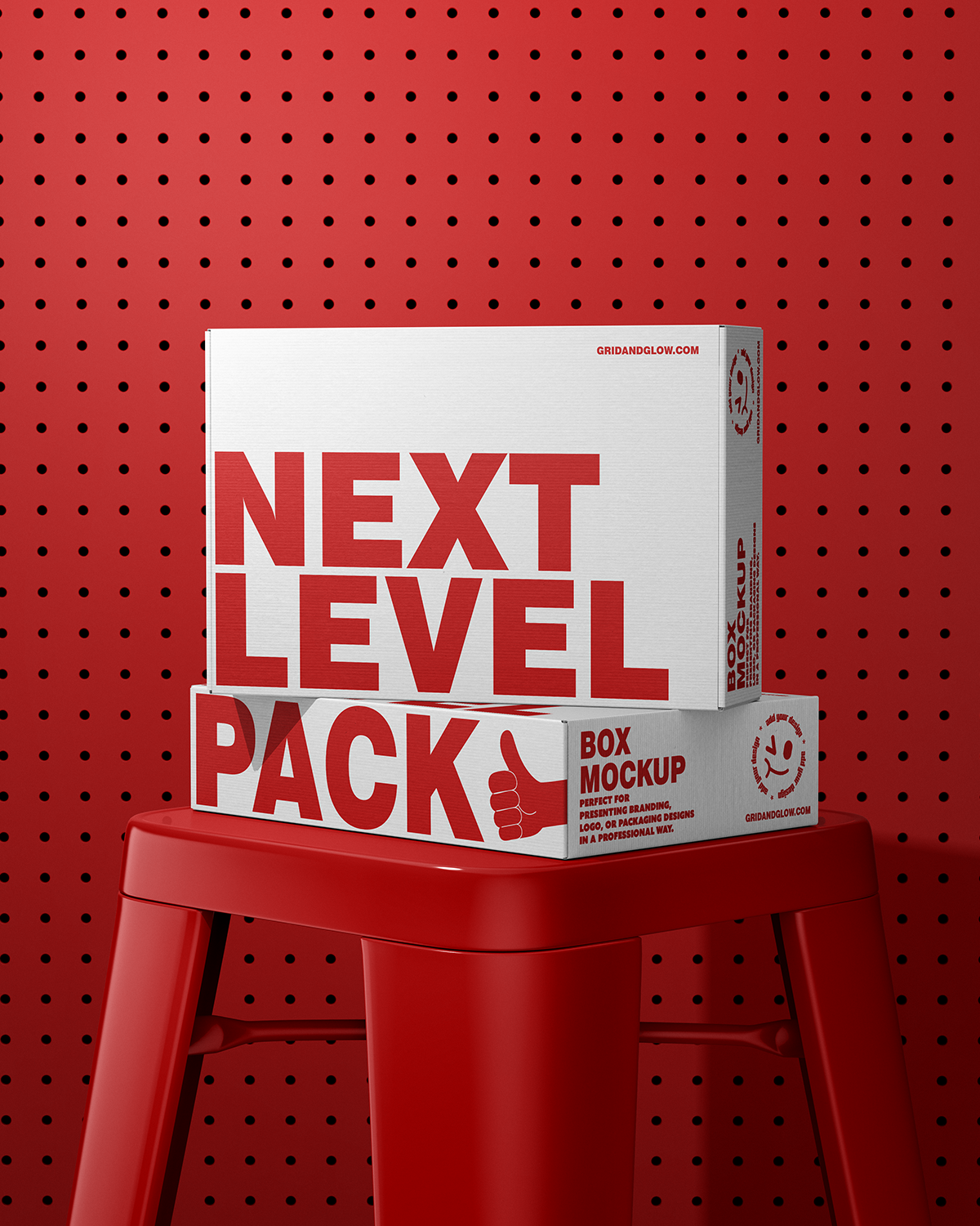 Boxes mockup on a red stool against a red pegboard background