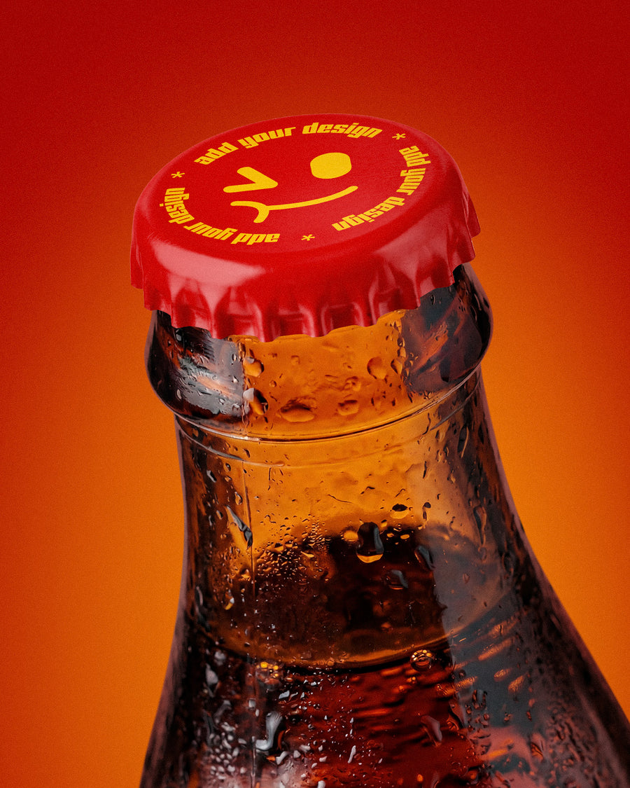 Glass bottle mockup with red crown cap and condensation droplets on orange background
