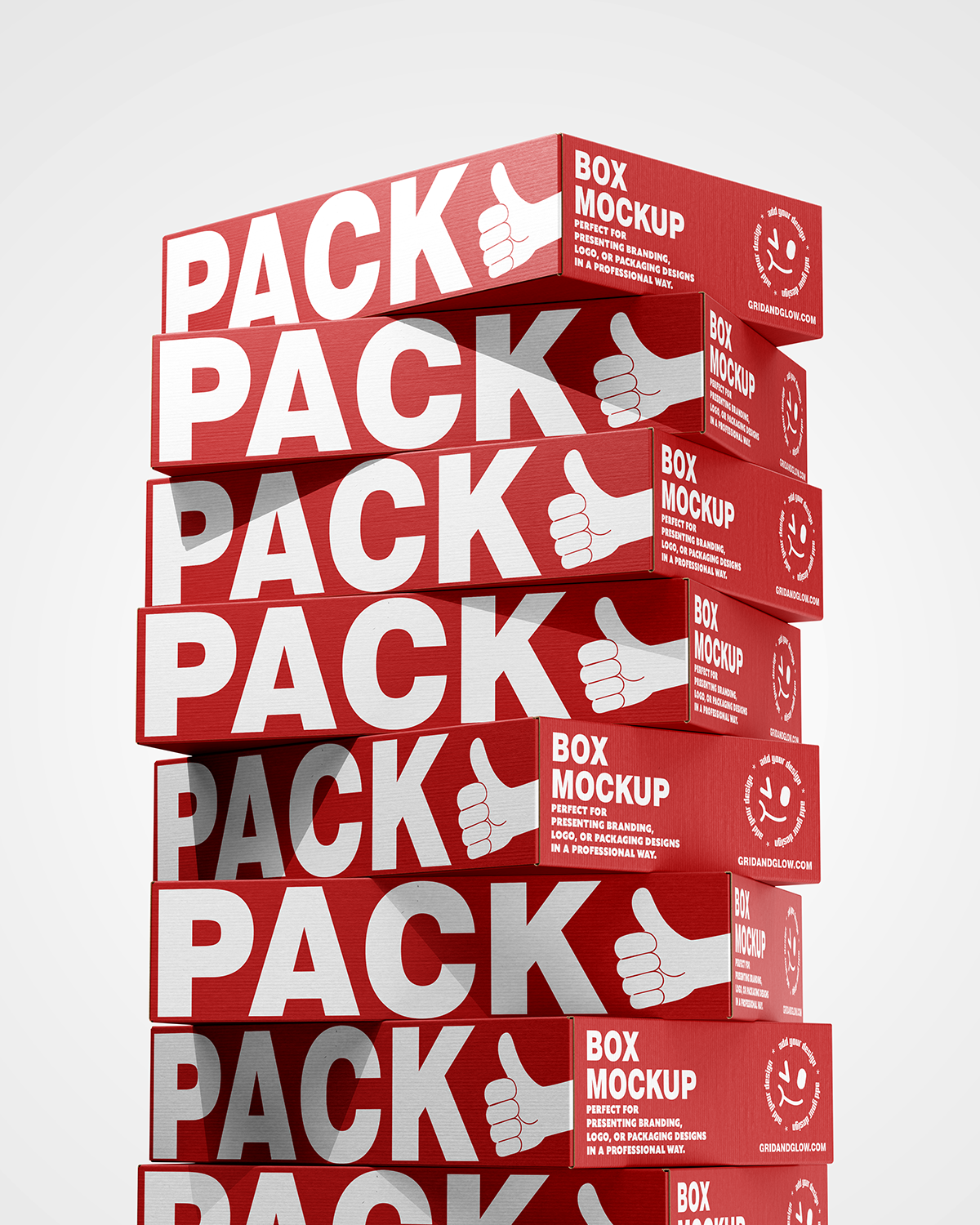 Stack of red boxes with 'PACK' and hand-thumbs up graphics on a light gray background