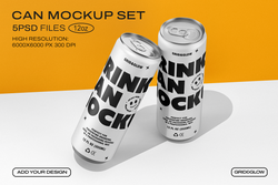 Drink can mockup set showing two silver cans in tilted and standing positions on orange background