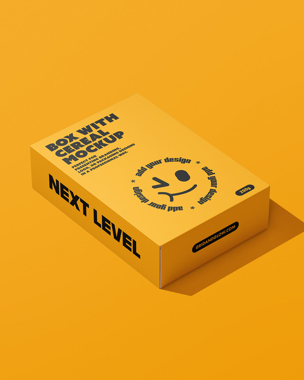 Cereal box mockup with branding text on a yellow background