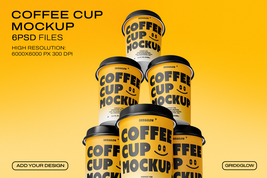 Coffee cup mockup set showing pyramid stack of cups with lids on orange background