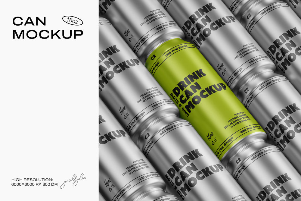 16oz Drink Can Mockup – Silver and Green Can PSD Template for Branding and Packaging – High-Resolution Scene by Grid & Glow