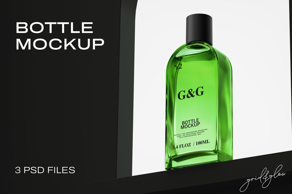 Bottle Mockup – Angled Front View of Green Glass Bottle on Black Shelf Arch