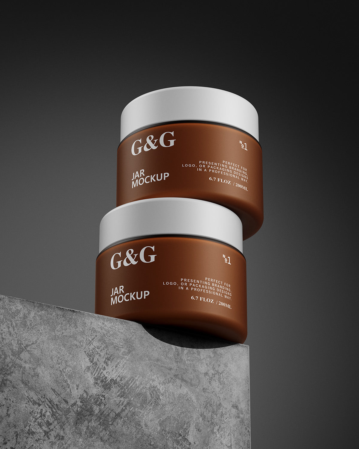 Two Jars Mockup with white lids on a gray surface and dark background
