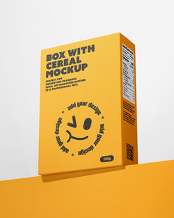 Yellow cereal box mockup with branding text on a white background