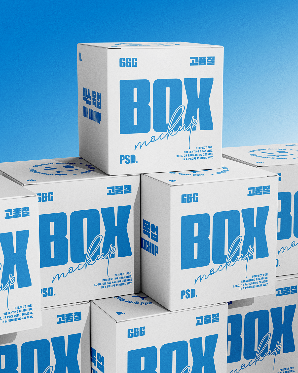 Stack of white boxes with blue text on a blue background Mockup