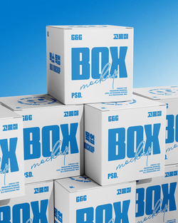 Stack of white boxes with blue text on a blue background Mockup