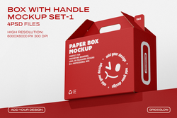Box with handle mockup showing gable top design with die-cut carry handles on red background