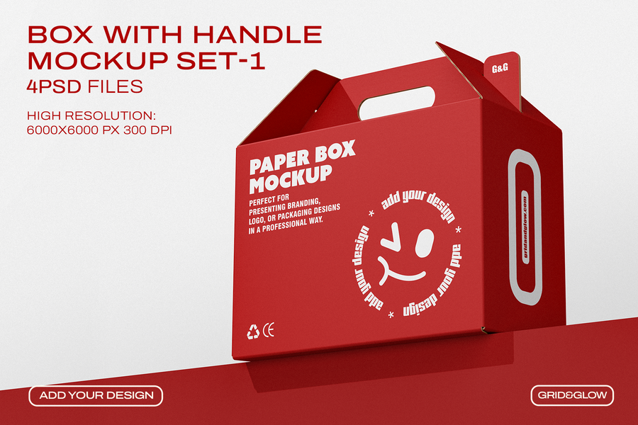 Box with handle mockup showing gable top design with die-cut carry handles on red background