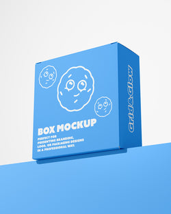 Box mockup with branding elements on a light blue background