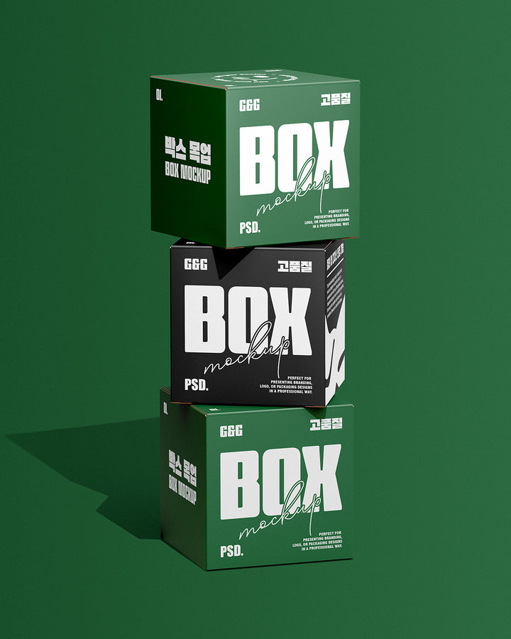 Paper box mockup with three stacked boxes in green and black on green background