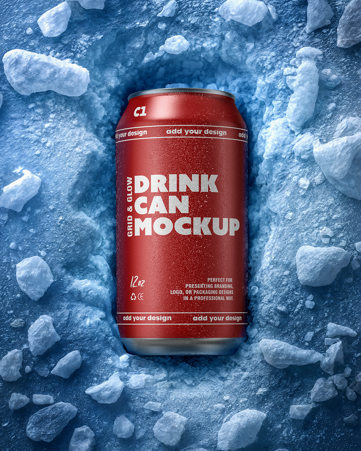 Red drink can mockup on a blue ice background