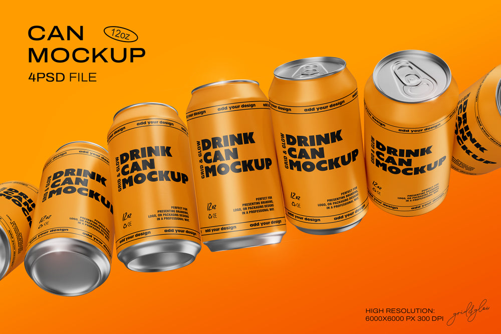 12oz Drink Can Mockup – Set of 4 PSD Templates for Branding and Packaging Design – Orange Aluminum Cans on Gradient Background by Grid & Glow