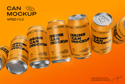 12oz Drink Can Mockup – Set of 4 PSD Templates for Branding and Packaging Design – Orange Aluminum Cans on Gradient Background by Grid & Glow