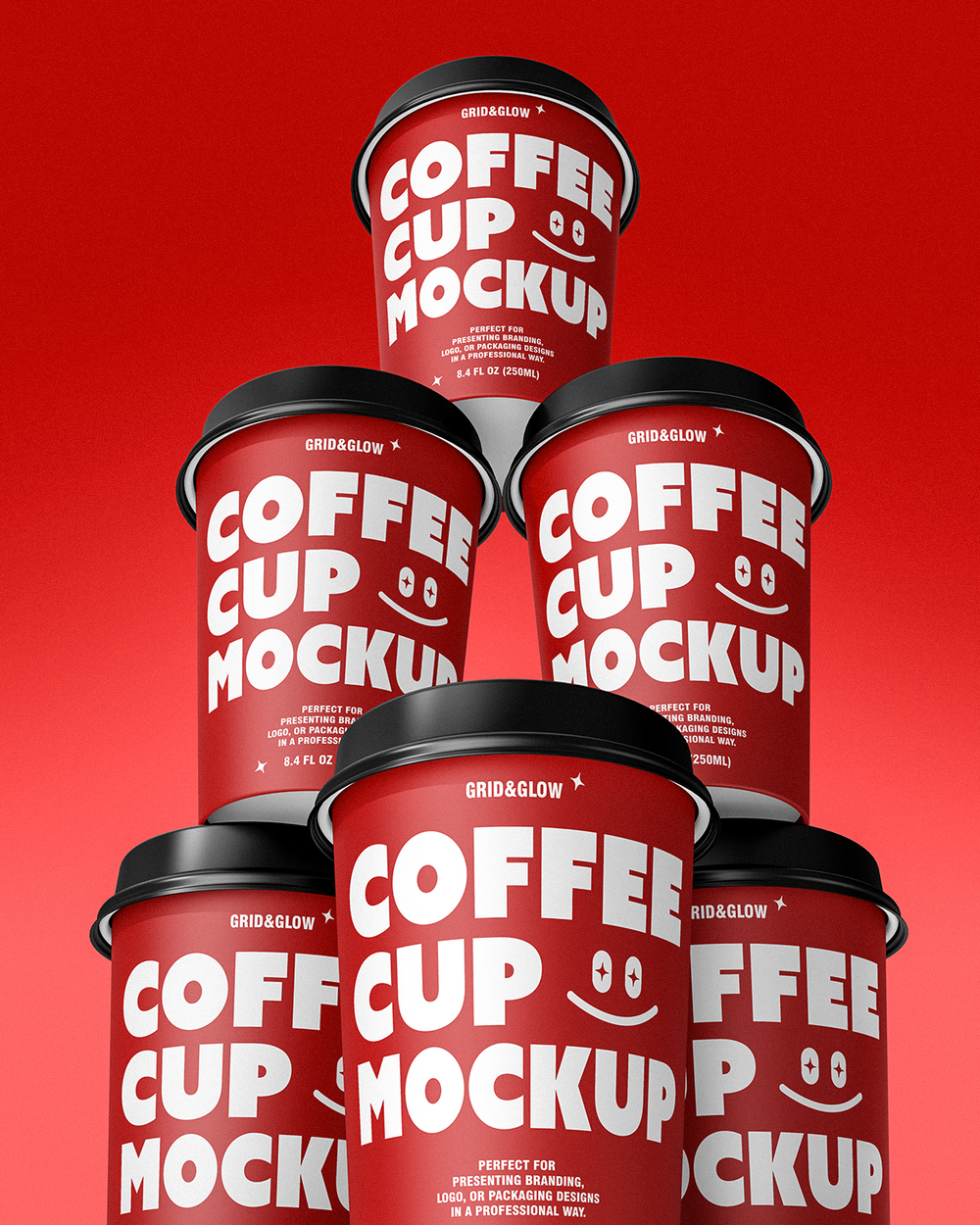 Coffee cup mockup stacked in pyramid formation showing multiple angles of customizable design