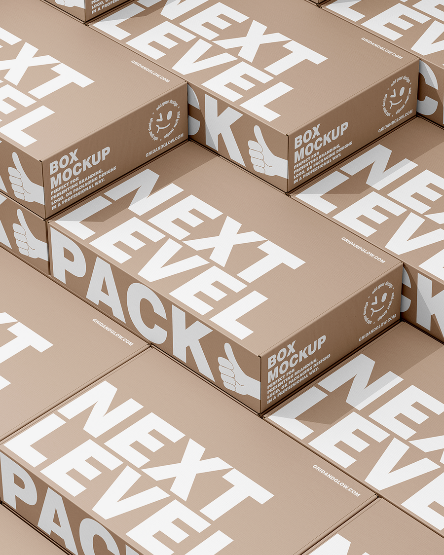 Mailing Box Mockup Stack of 'Next Level Pack' branded boxes Mockup