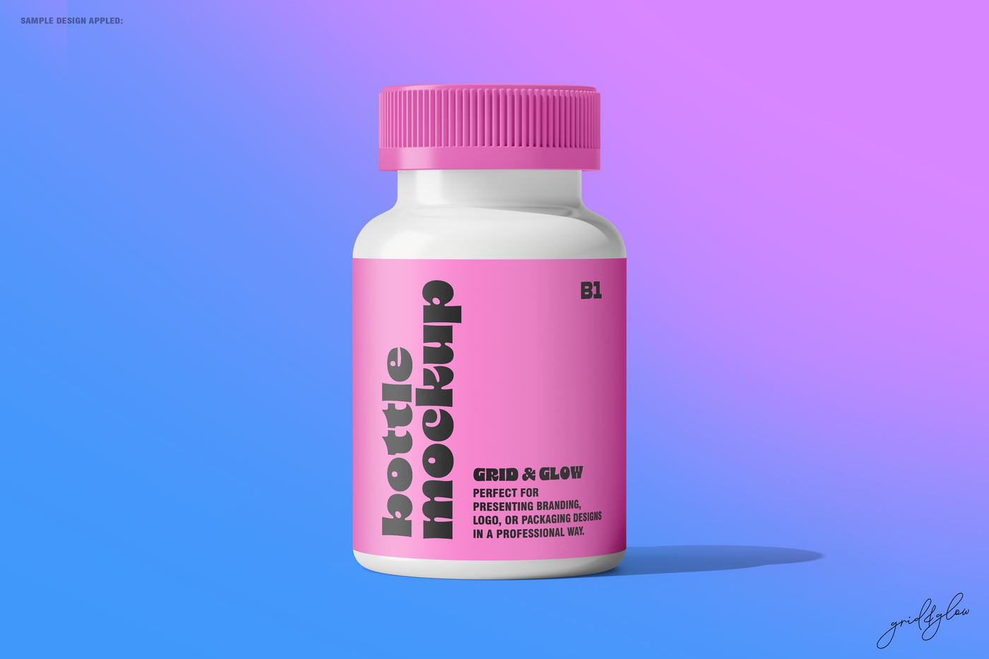 Pills Bottle Mockup – Front View on Blue-Purple Gradient Background