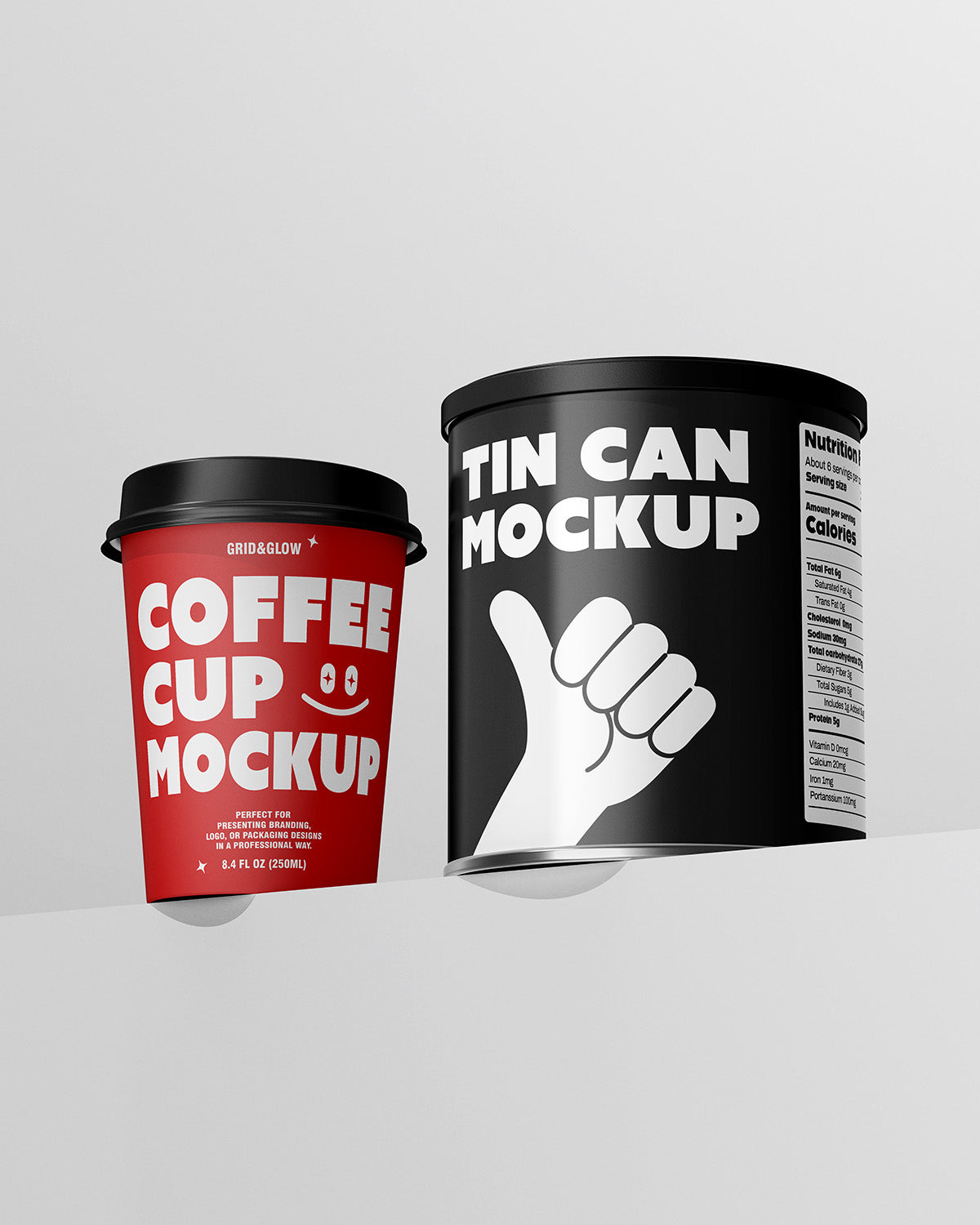 Coffee Cup & Tin Can Mockup showing dual packaging design with customizable labels