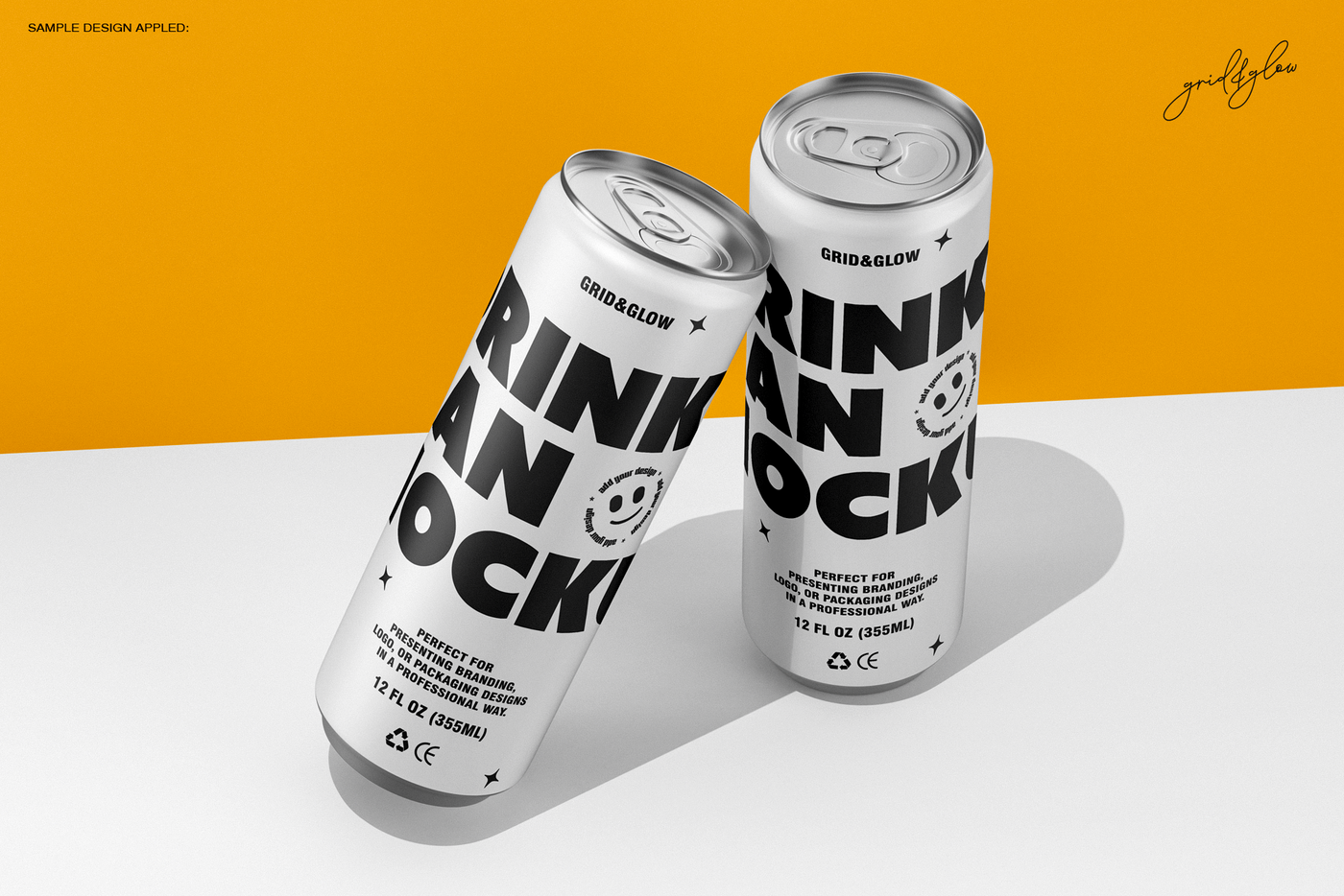Drink can mockup set showing two silver cans in tilted and standing positions on orange background