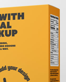 Yellow packaging box mockup with text and a nutrition label on a gray background
