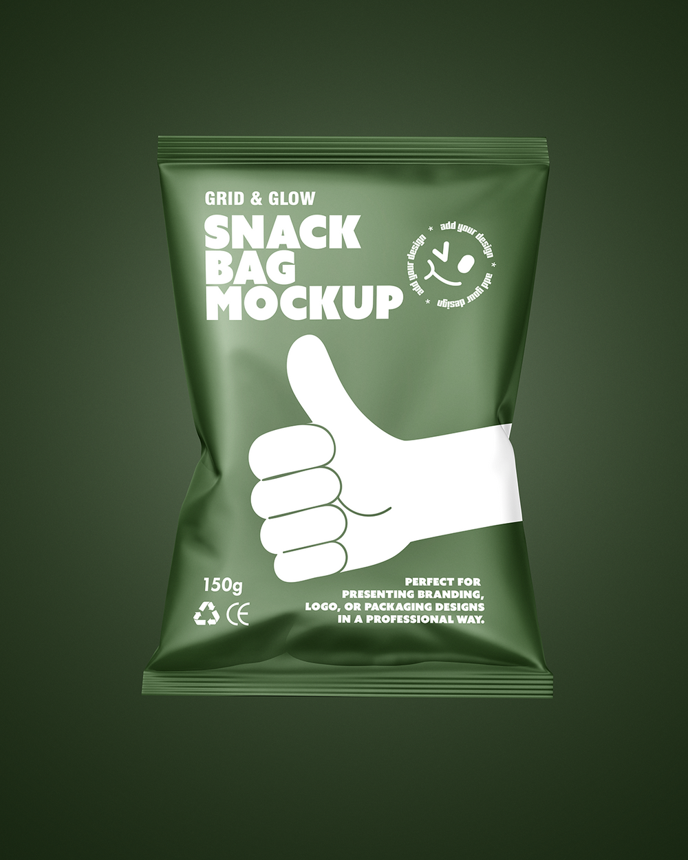 Free snack bag mockup on a dark green background