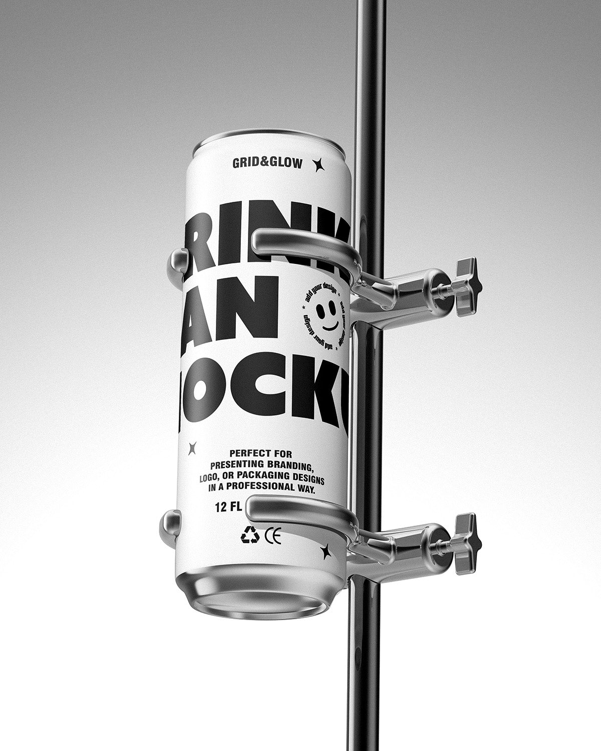 Drink can mockup 12oz 355ml in gold mounted on metal holder WHITE