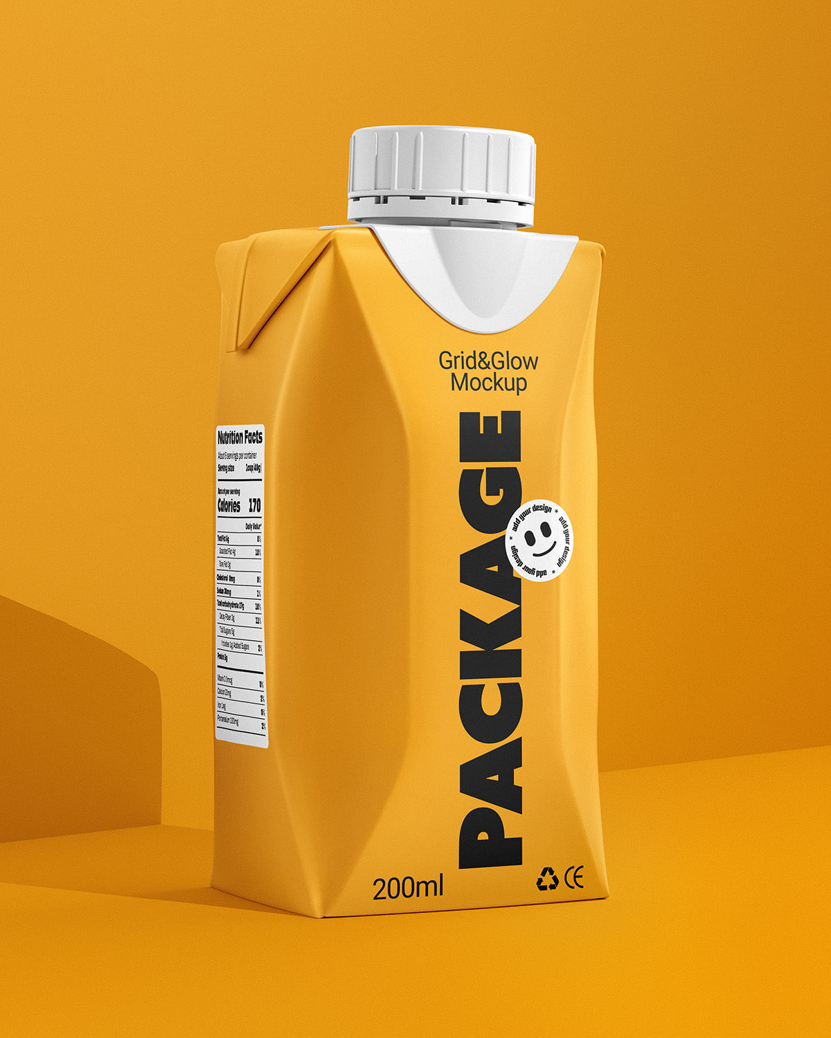 Tetra pack mockup 200ml in yellow with white cap and half side view showing nutrition panel