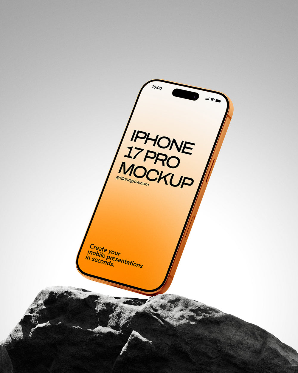 Phone mockup with 'iPhone 17 Pro Mockup' text on an orange background, placed on a rock.