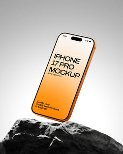 Phone mockup with 'iPhone 17 Pro Mockup' text on an orange background, placed on a rock.