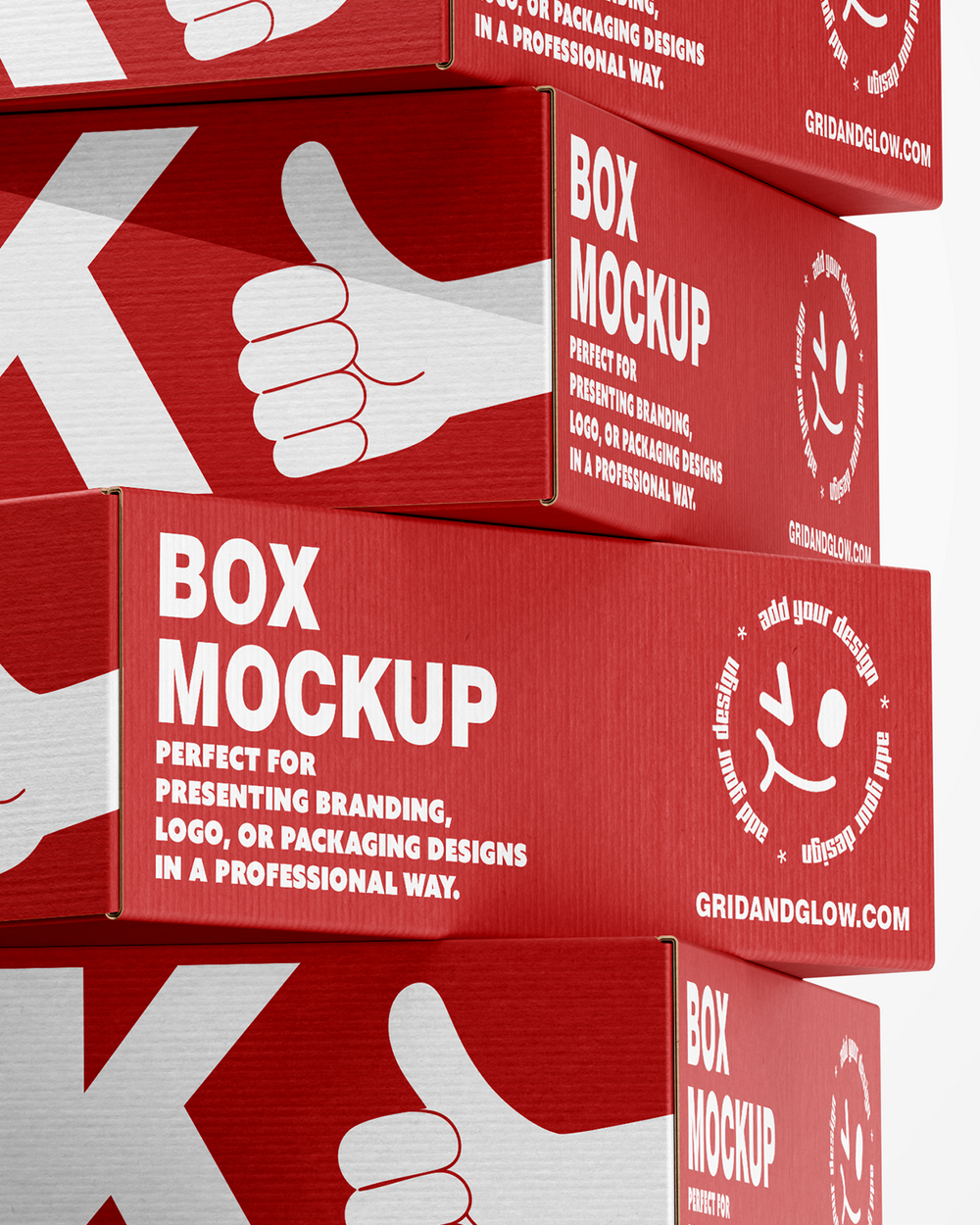 Red box mockup with branding text and a hand giving a thumbs-up on a white background