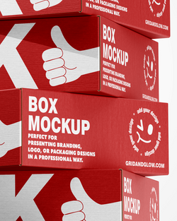 Red box mockup with branding text and a hand giving a thumbs-up on a white background