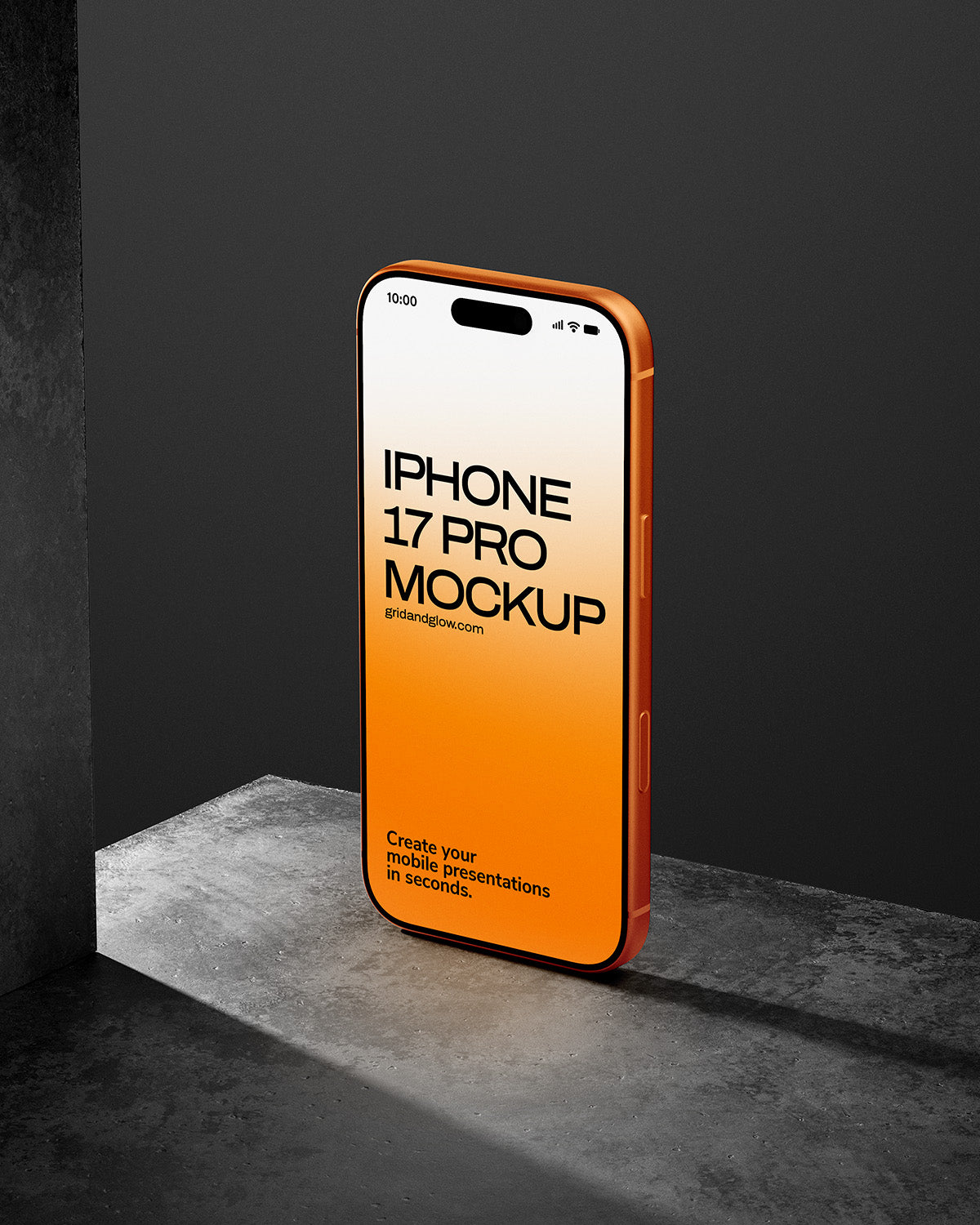 Orange gradient phone case with 'iPhone 17 Pro Mockup' text on a dark background