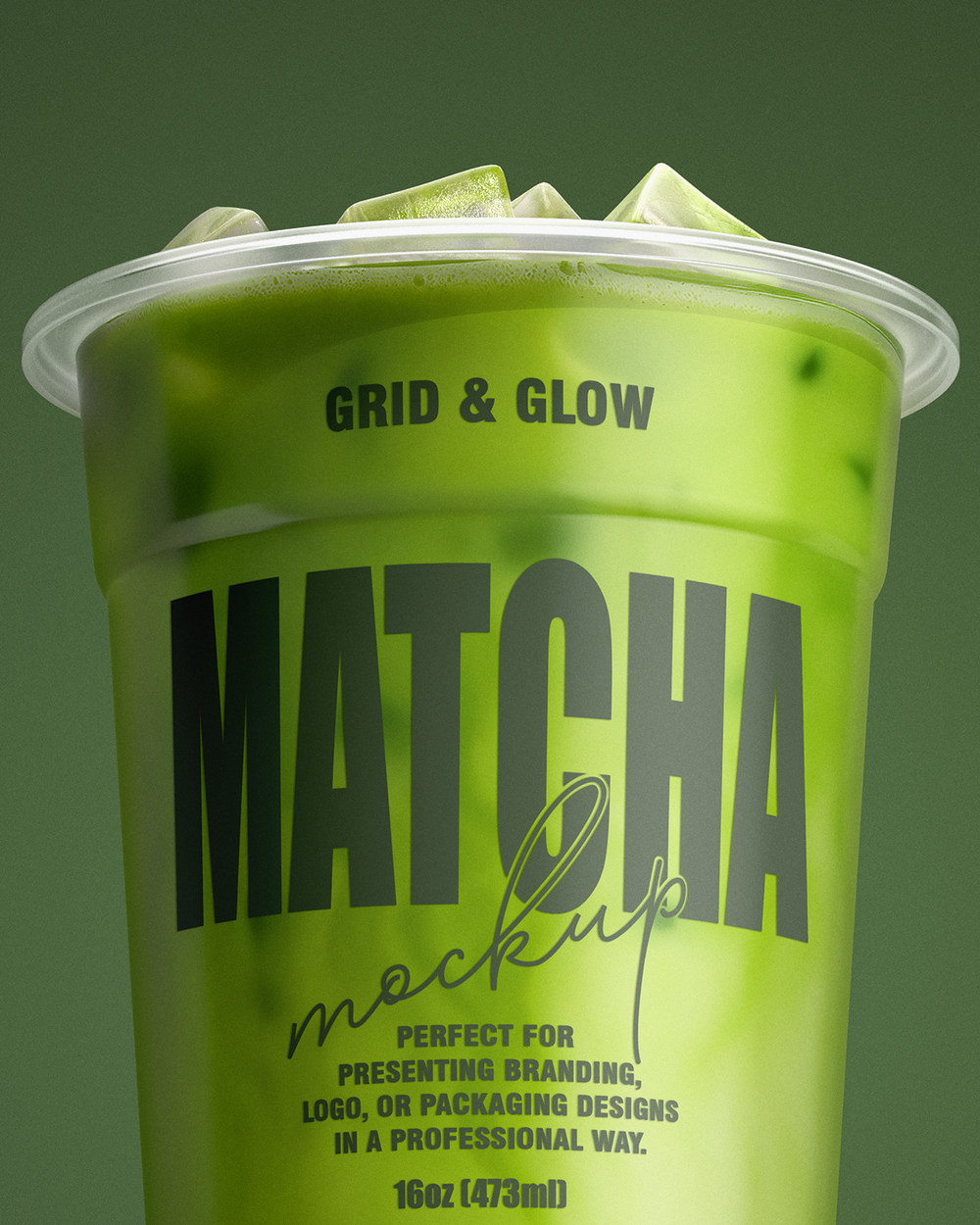Green matcha drink cup with 'Grid & Glow' branding on a green background